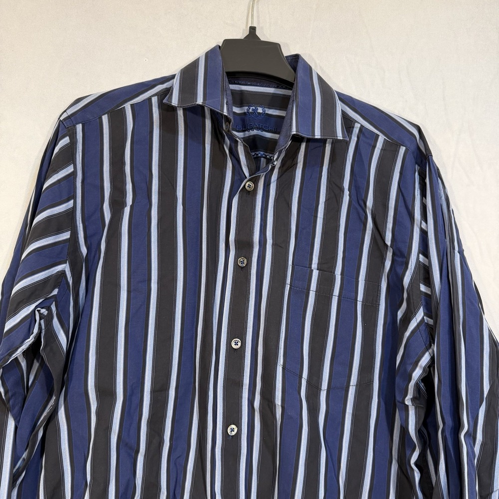bugatchi uomo‎ Blue Striped Long Sleeve Button Up Shirt Men's L Preppy Formal
